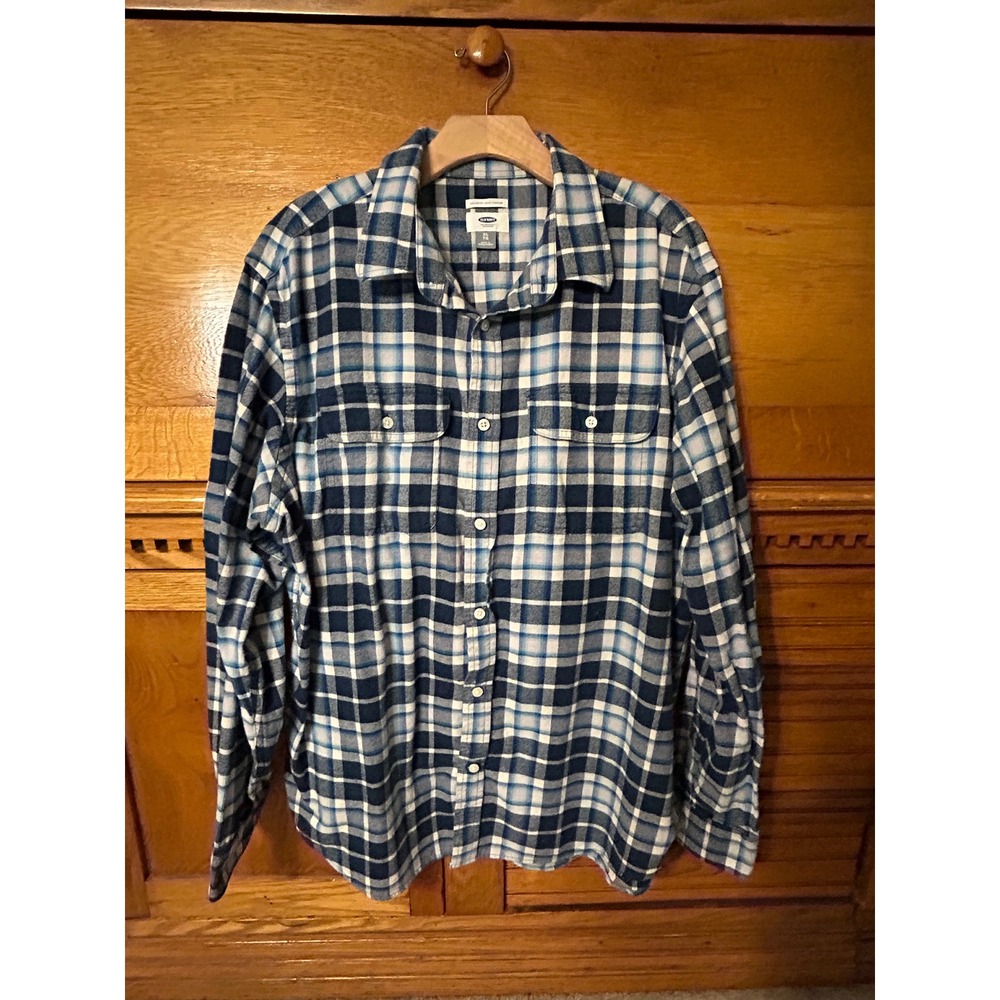 Old Navy Mens XL Blue White Plaid Flannel Button Down Shirt Gorpcore Streetwear